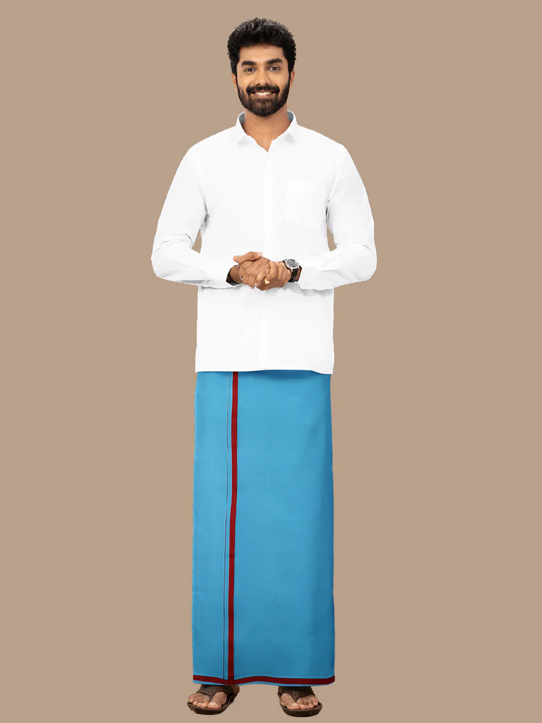 Men 100% Cotton Single Layer Turquise Blue Dhoti with Fancy Border - Image 3
