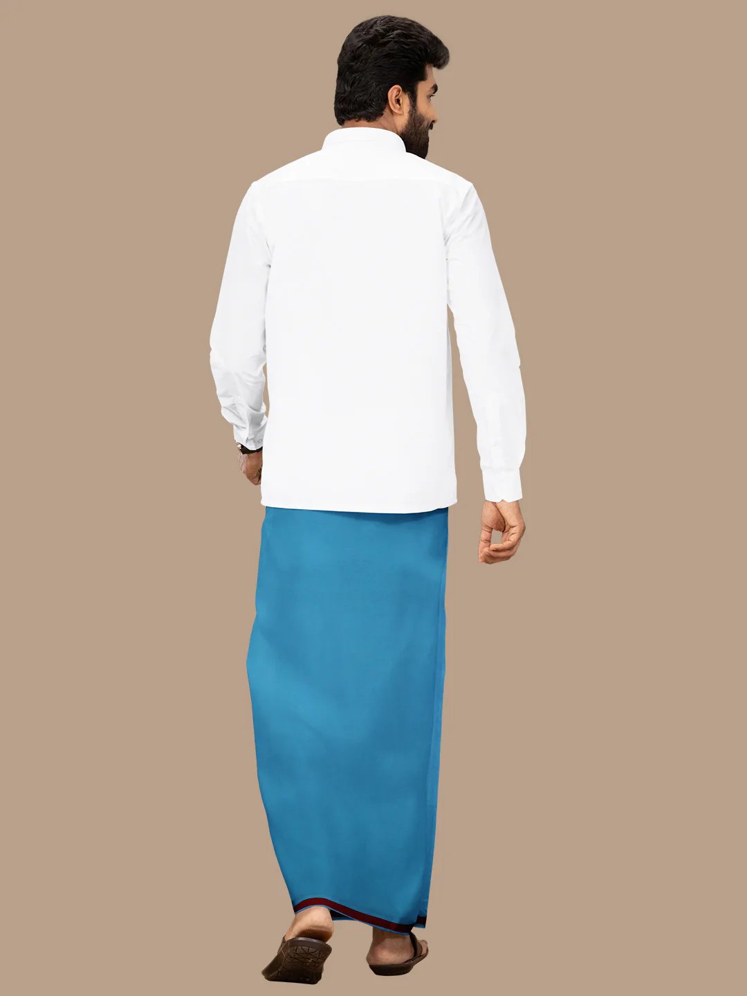 Men 100% Cotton Single Layer Turquise Blue Dhoti with Fancy Border - Image 5