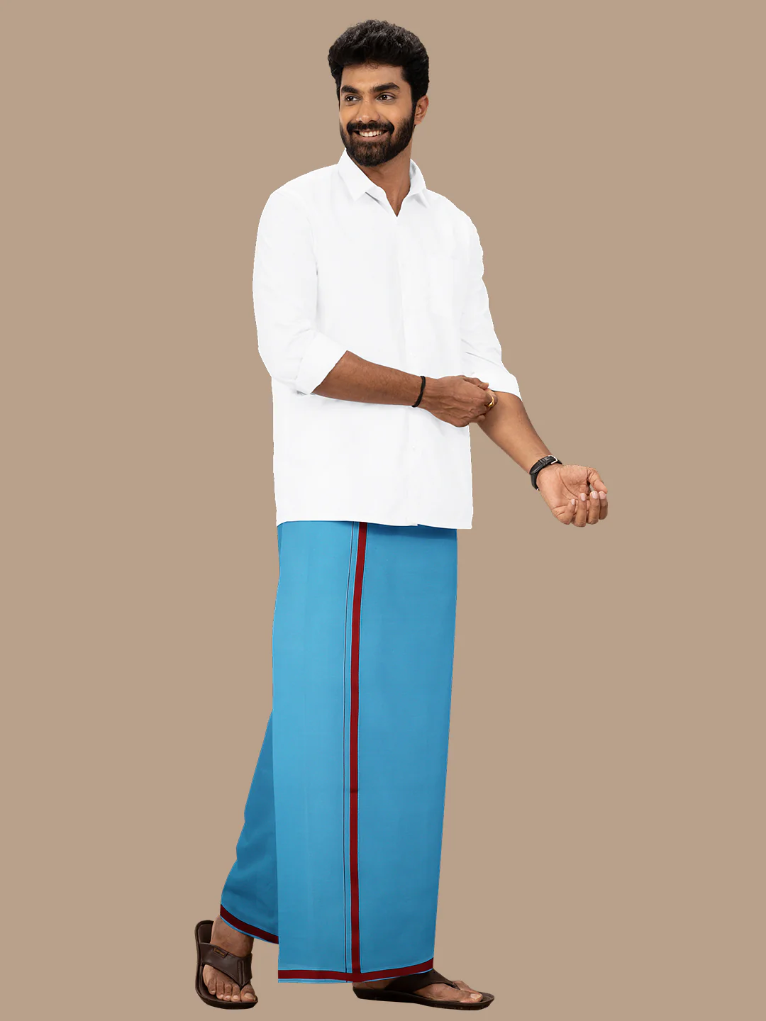 Men 100% Cotton Single Layer Turquise Blue Dhoti with Fancy Border - Image 6