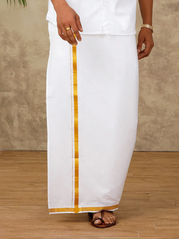 Men 100% Cotton Single Layer White Dhoti with 1/2" Gold Jari Border Pushkar
