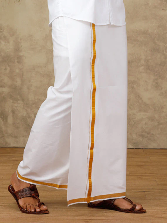 Men 100% Cotton Single Layer White Dhoti with 1/2" Gold Jari Border Pushkar (Pack of 2) - Image 2