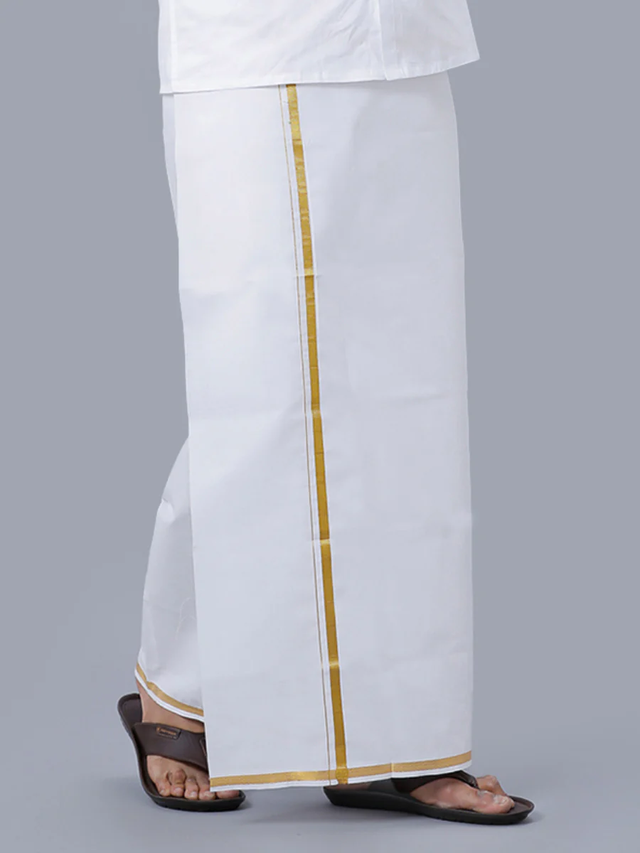 Men 100% Cotton Single Layer White Dhoti with 1/2" inch Gold Jari Border Agal (Pack of 2) - Image 2