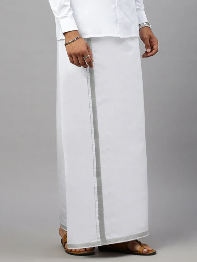 Men 100% Cotton Single Layer White Dhoti with Jari Border Silver Storm - Image 2