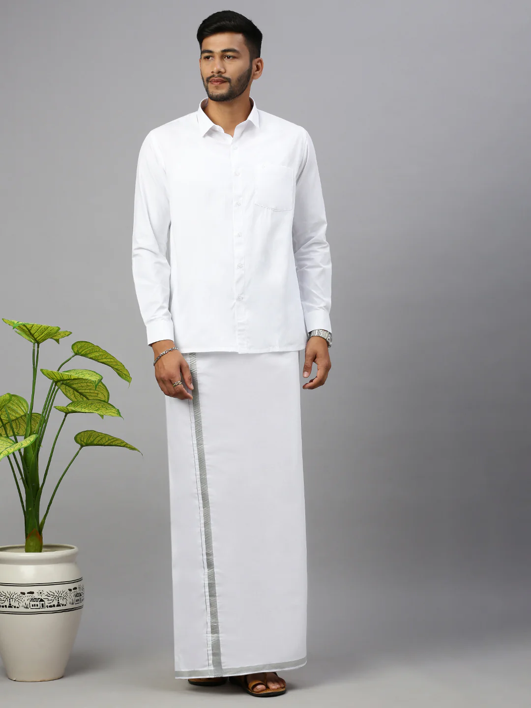 Men 100% Cotton Single Layer White Dhoti with Jari Border Silver Storm - Image 6