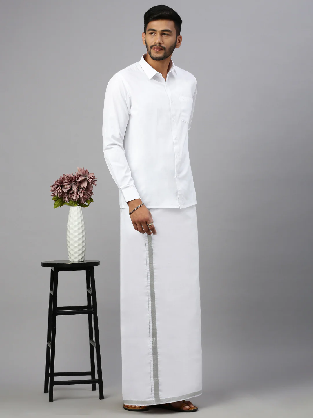 Men 100% Cotton Single Layer White Dhoti with Jari Border Silver Storm - Image 7