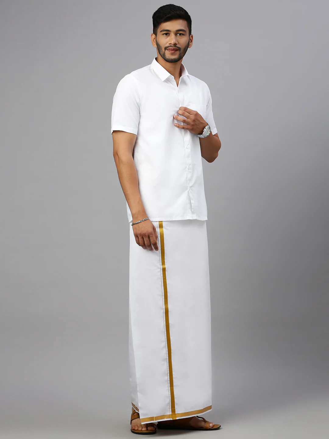 Men 100% Cotton Single Layer White Dhoti with 1" Gold Jari Border Aruthra - Image 3
