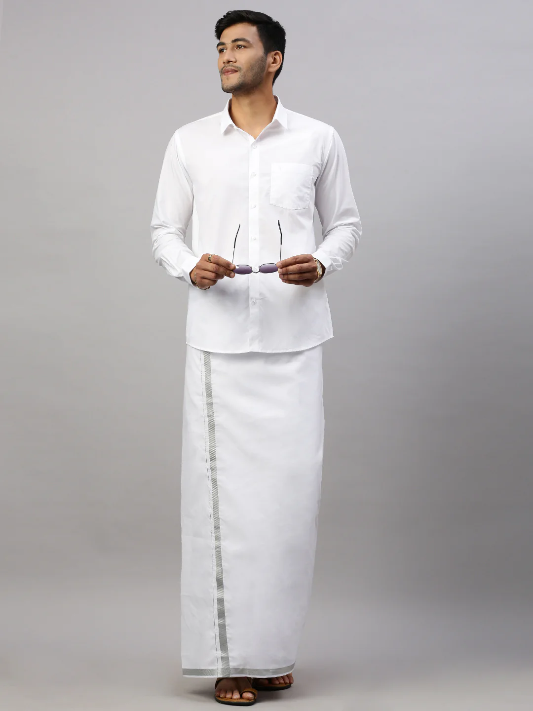 Men 100% Cotton Single Layer White Dhoti with 1" Silver Jari Border Shringar - Image 4