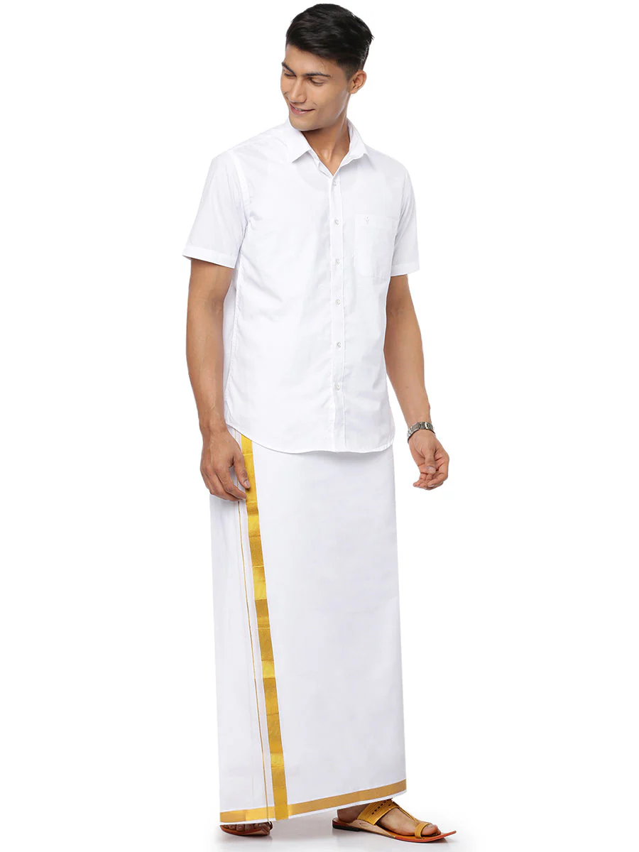 Men 100% Cotton Single Layer White Dhoti with 3/4" Gold Jari Border Agal 2.25m - Image 2