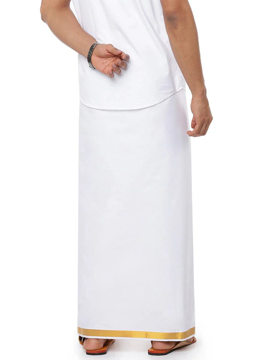 Men 100% Cotton Single Layer White Dhoti with 3/4" Gold Jari Border Agal 2.25m - Image 3