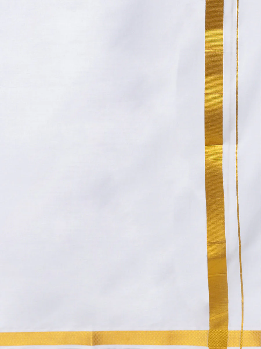 Men 100% Cotton Single Layer White Dhoti with 3/4" Gold Jari Border Agal 2.25m - Image 4