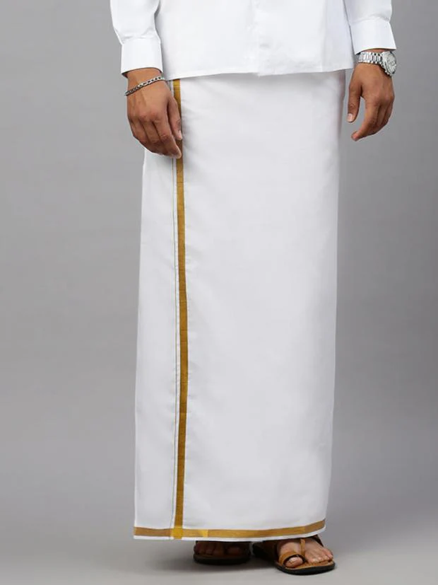 Men 100% Cotton Single Layer White Dhoti with 3/4" Gold Jari Border Agal