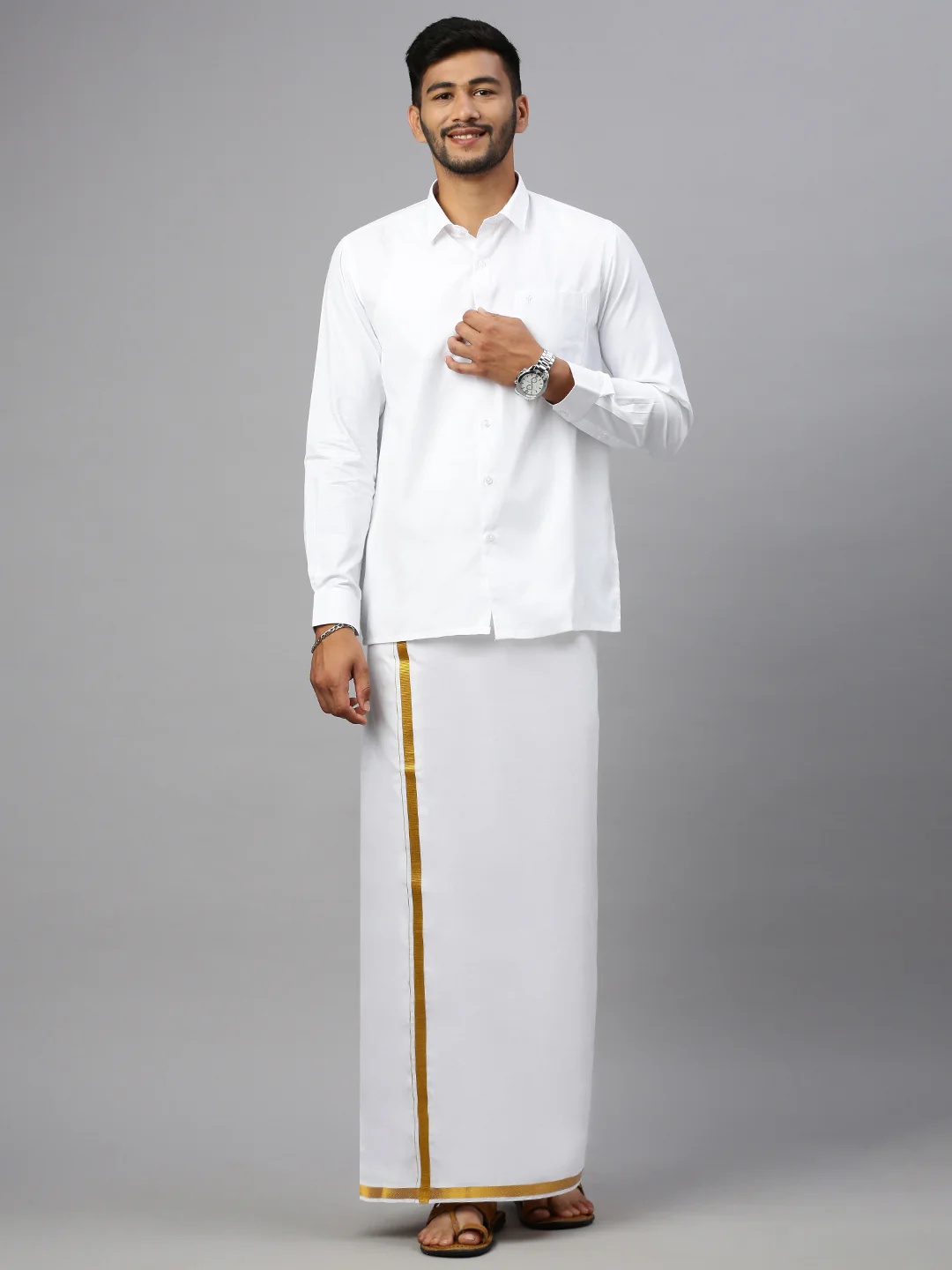 Men 100% Cotton Single Layer White Dhoti with 3/4" Gold Jari Border Aruthra - Image 4