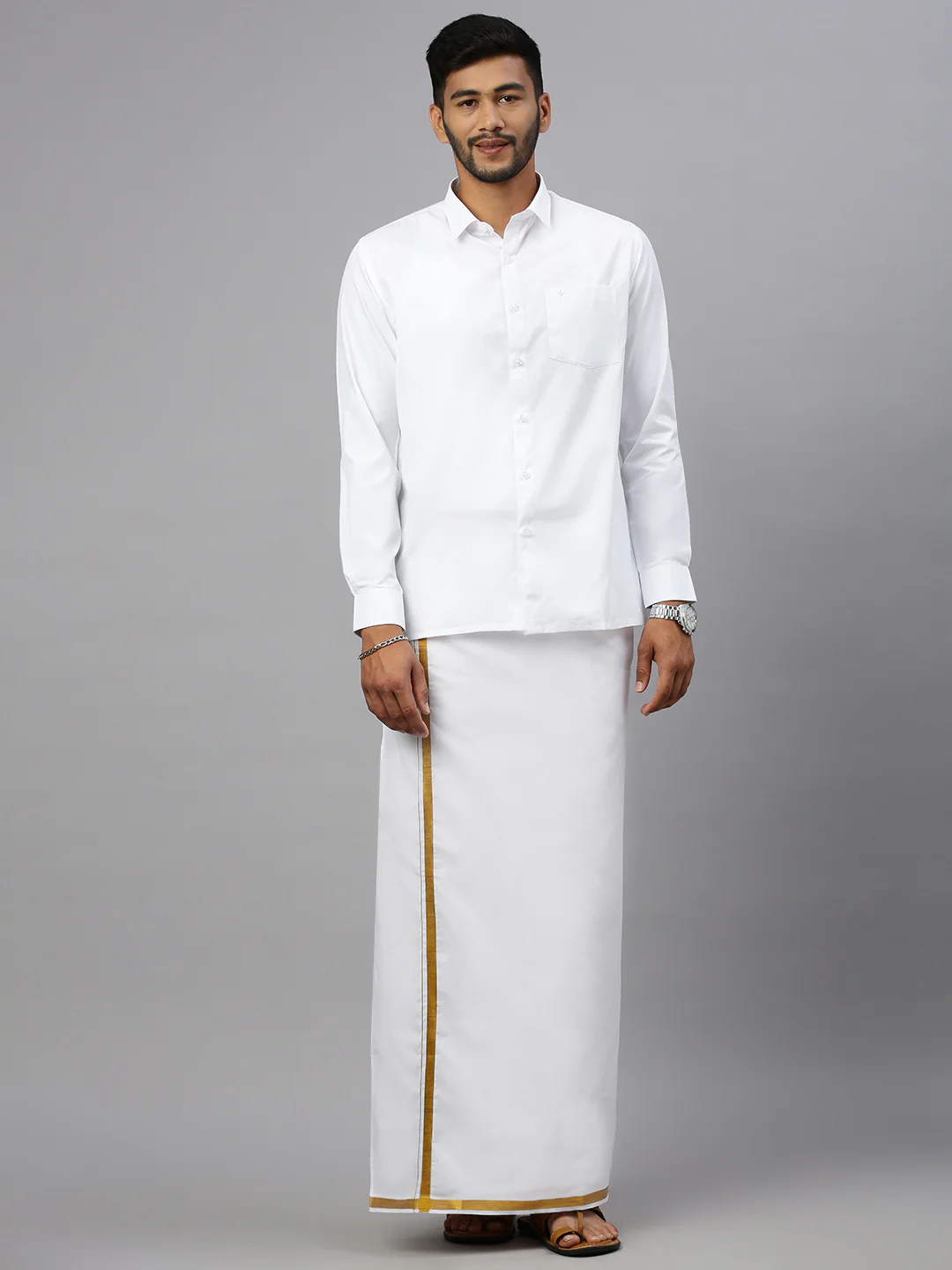 Men 100% Cotton Single Layer White Dhoti with 3/4" inch Gold Jari Border Pushkar (Pack of 2) - Image 3