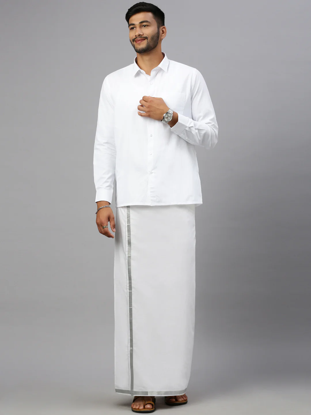 Men 100% Cotton Single Layer White Dhoti with 3/4" Silver Jari Border Shringar - Image 2