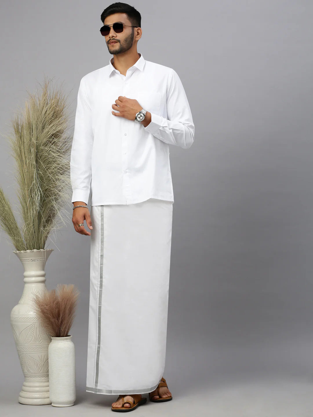 Men 100% Cotton Single Layer White Dhoti with 3/4" Silver Jari Border Shringar - Image 6