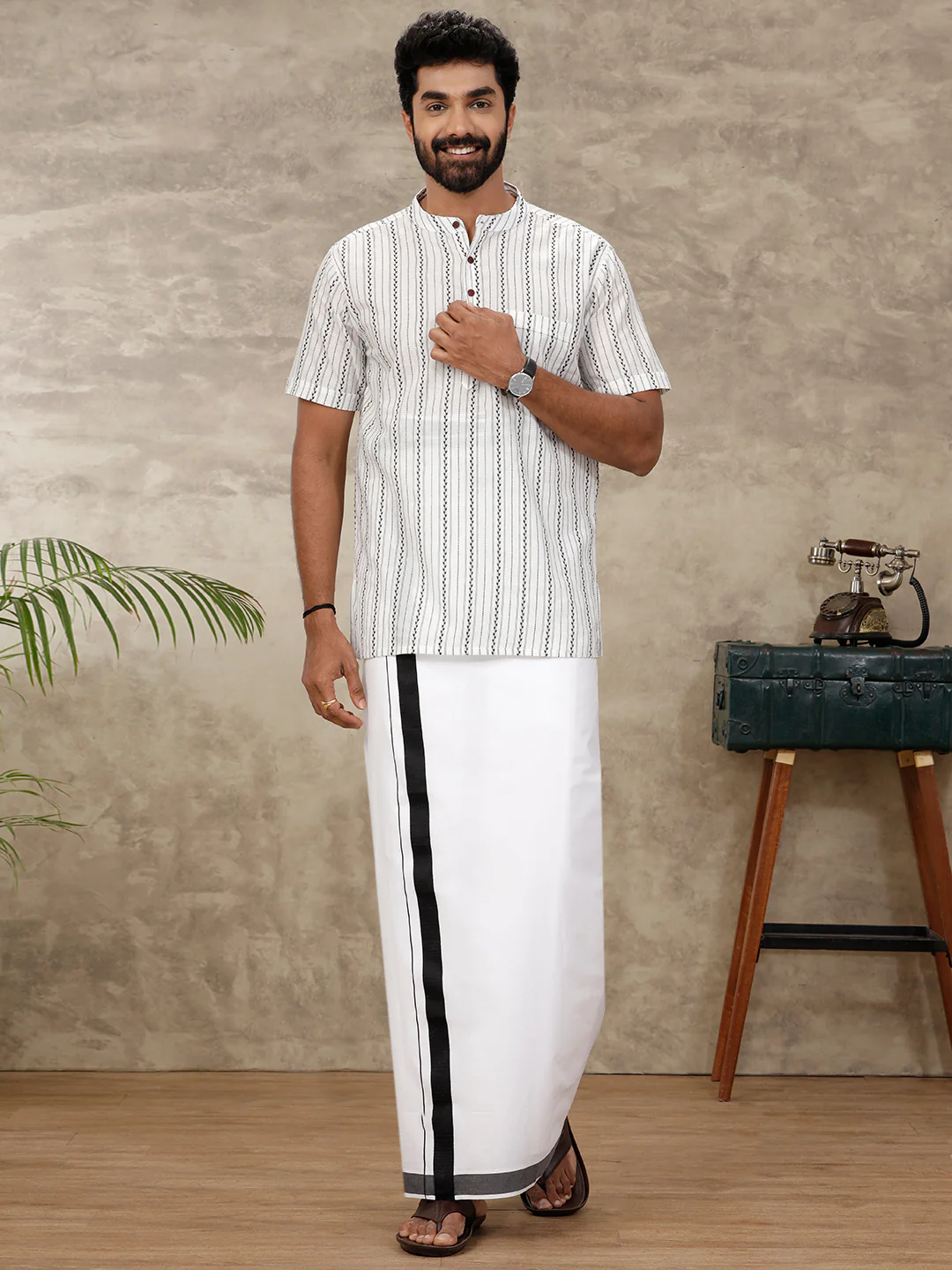 Men 100% Cotton Single Layer White Dhoti with Big Border Yuga Spl - Image 3