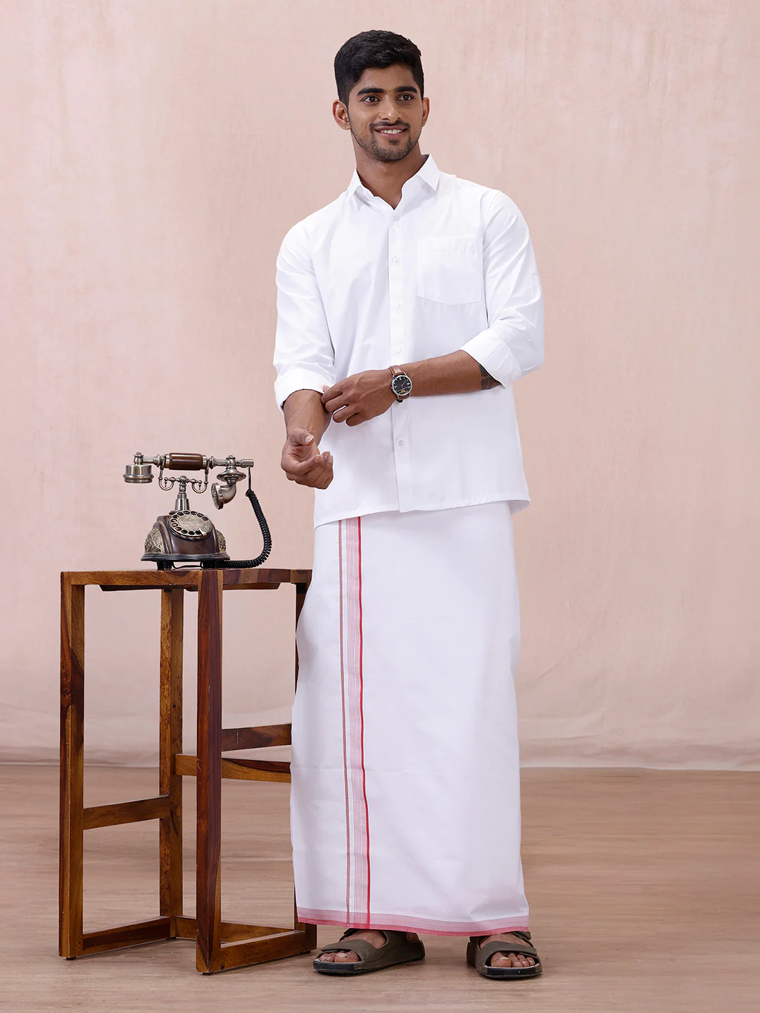 Men 100% Cotton Single Layer White Dhoti with Fancy Jari Border HW01 - Image 2