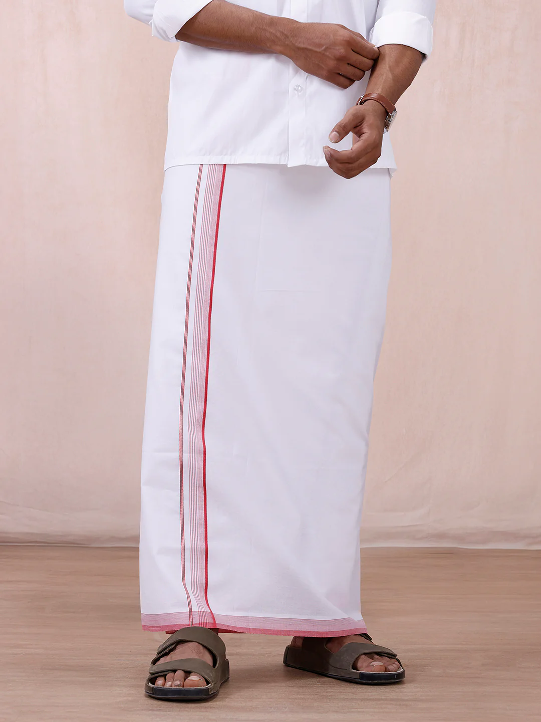 Men 100% Cotton Single Layer White Dhoti with Fancy Jari Border HW01 - Image 3