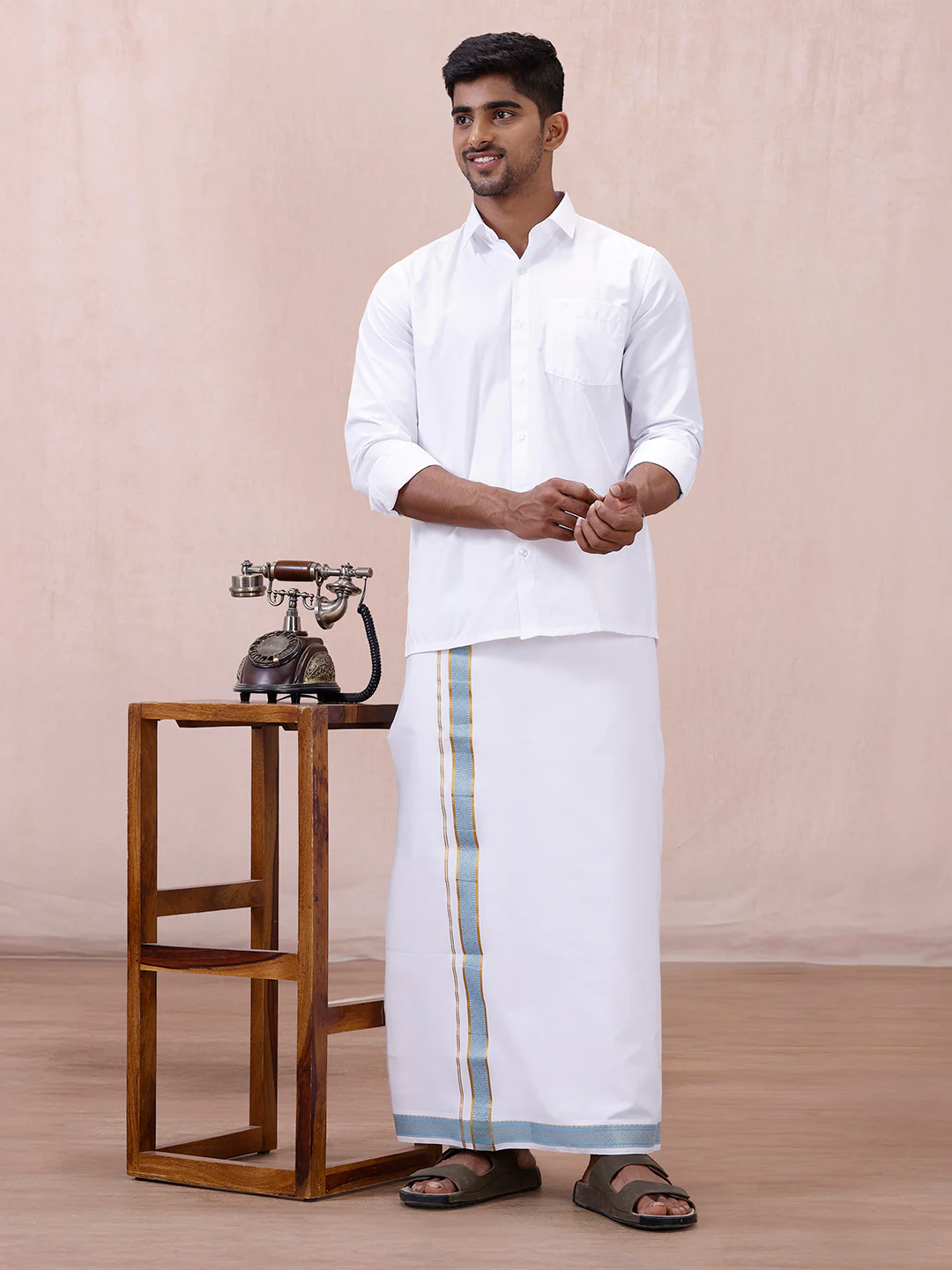 Men 100% Cotton Single Layer White Dhoti with Fancy Jari Border GE03 - Image 2