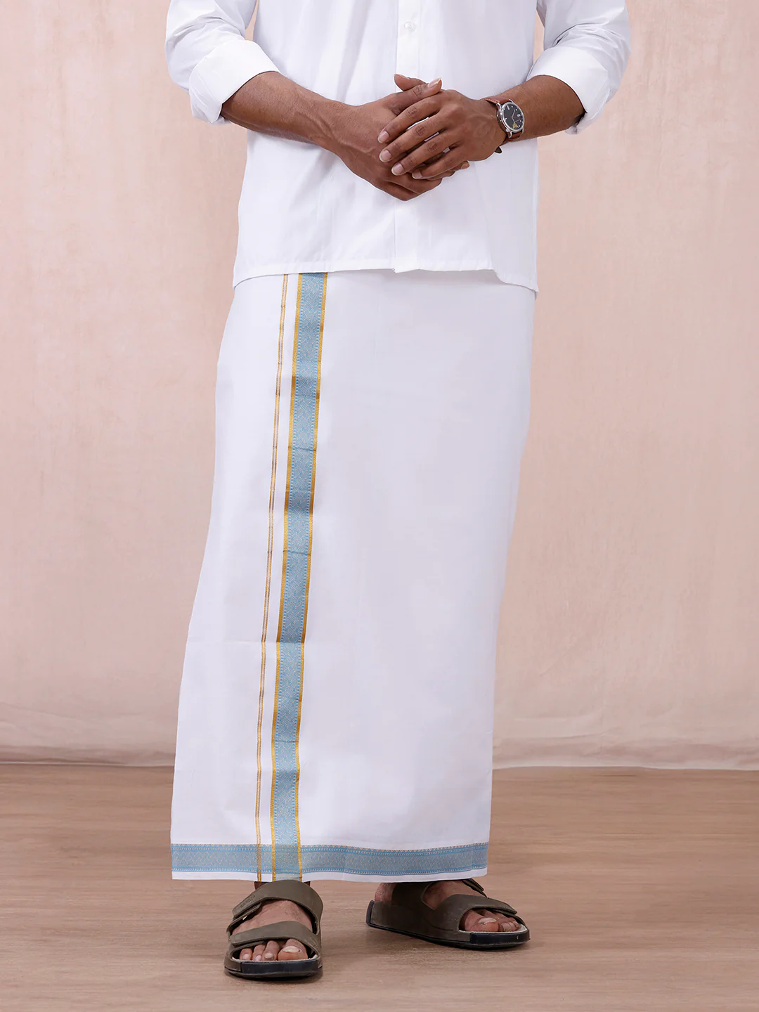 Men 100% Cotton Single Layer White Dhoti with Fancy Jari Border GE03 - Image 3