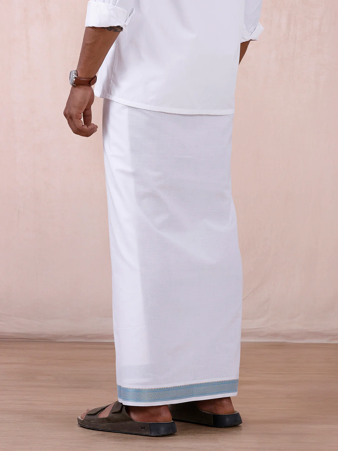 Men 100% Cotton Single Layer White Dhoti with Fancy Jari Border GE03 - Image 5