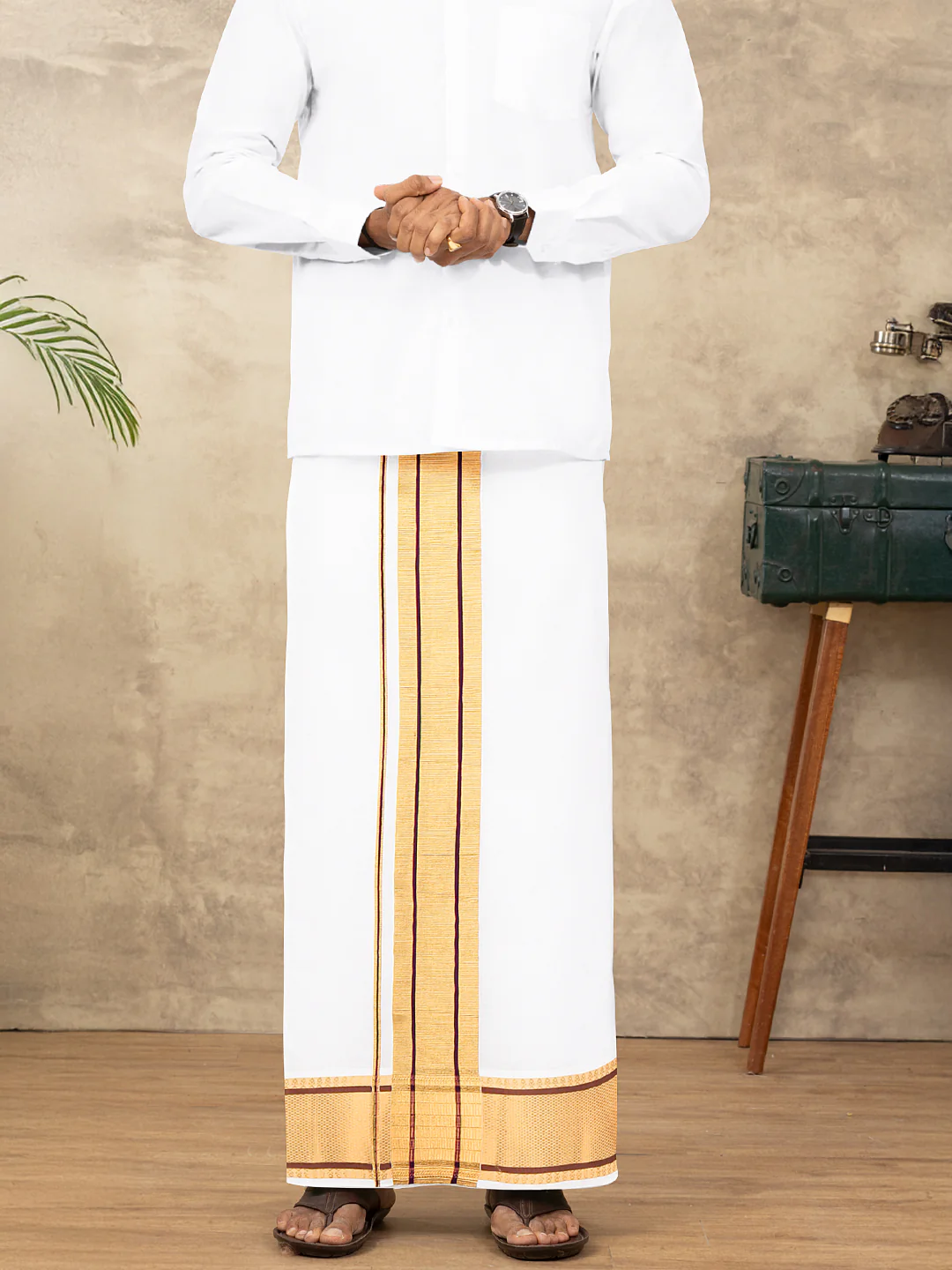 Men 100% Cotton Single Layer White Dhoti with Fancy Jari Border Golden Award - Image 2
