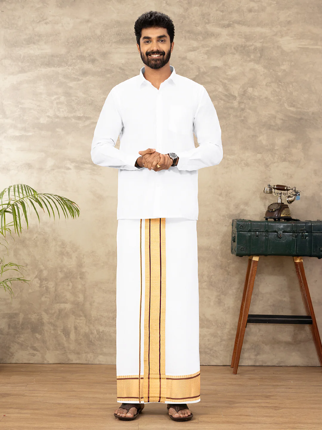 Men 100% Cotton Single Layer White Dhoti with Fancy Jari Border Golden Award - Image 3