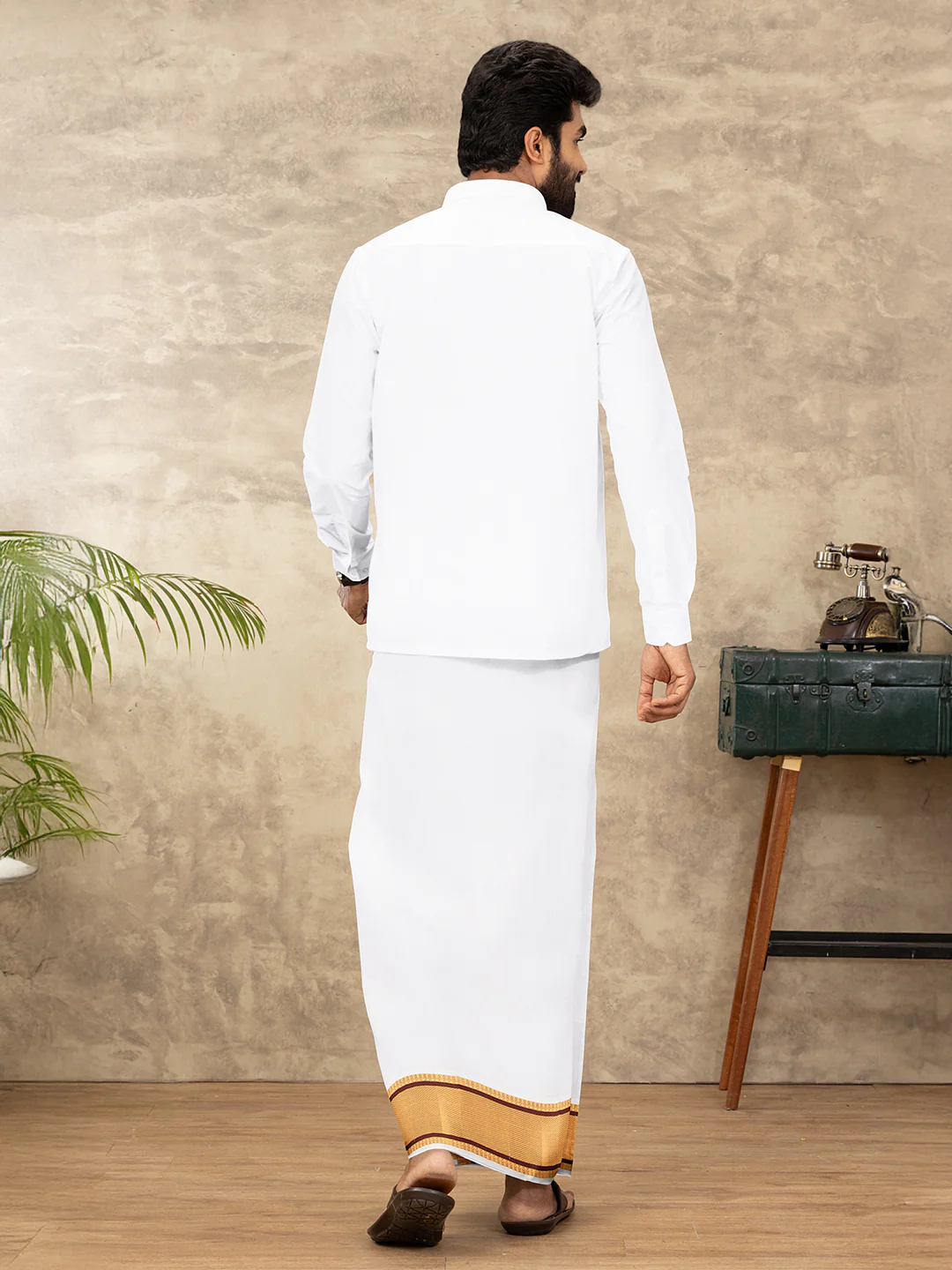 Men 100% Cotton Single Layer White Dhoti with Fancy Jari Border Golden Award - Image 4