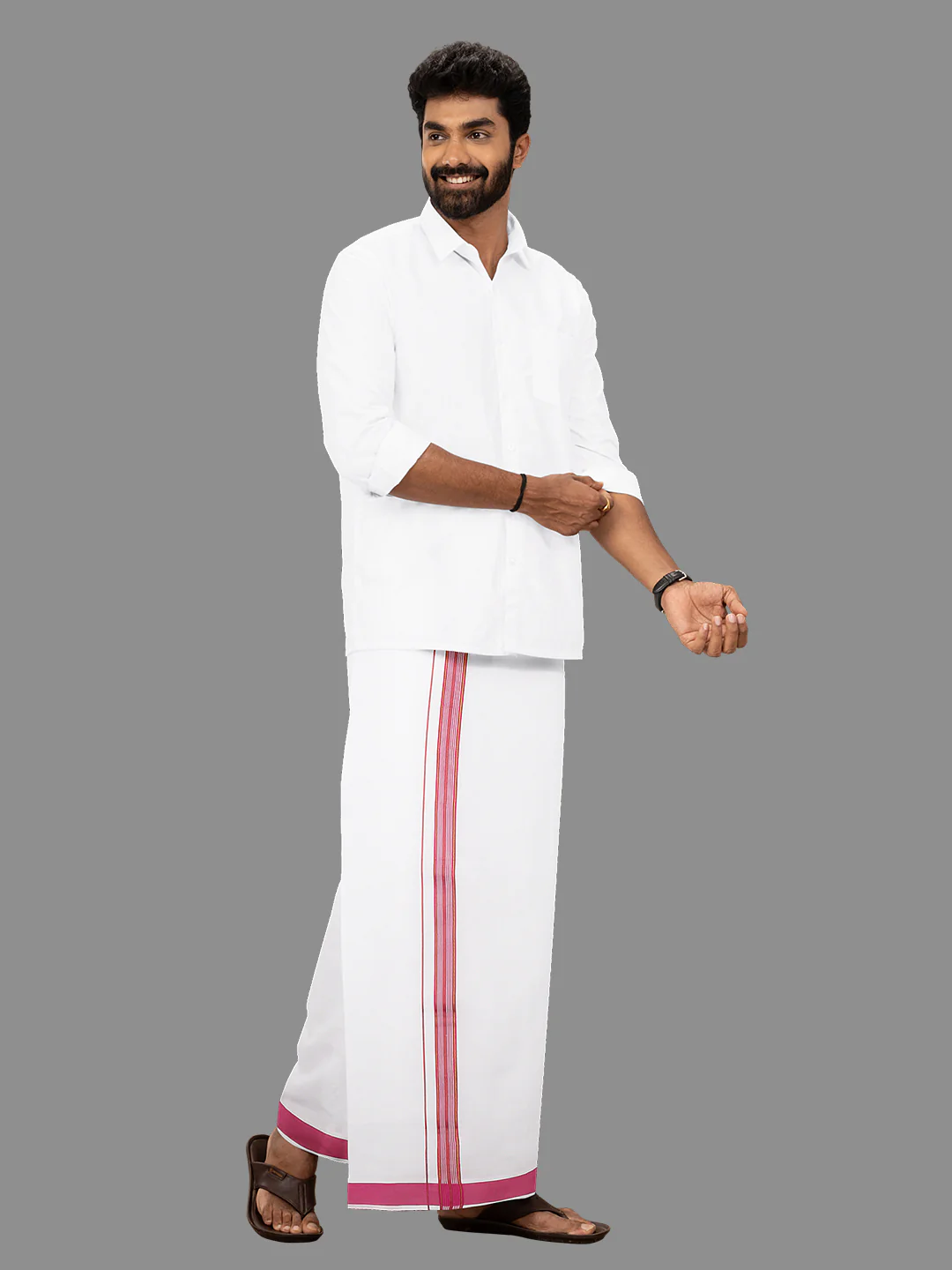 Men 100% Cotton Single Layer White Dhoti with Fancy Jari Border YGF01 - Image 2