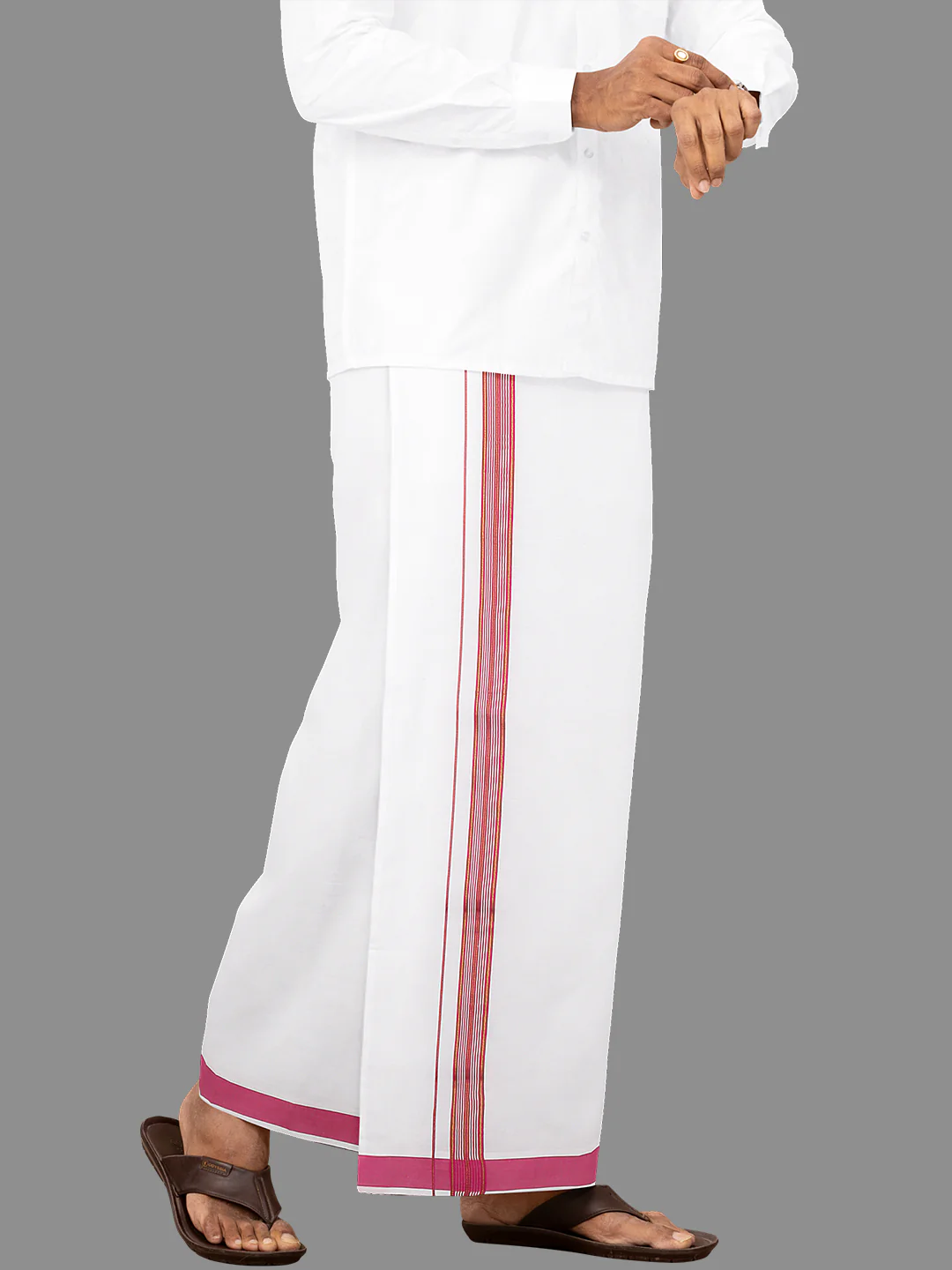 Men 100% Cotton Single Layer White Dhoti with Fancy Jari Border YGF01 - Image 3