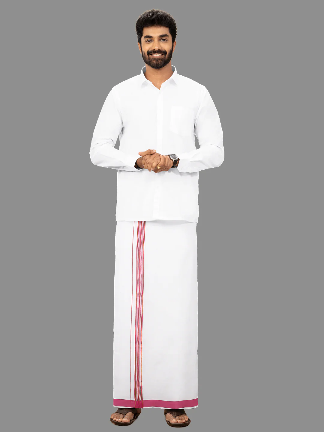 Men 100% Cotton Single Layer White Dhoti with Fancy Jari Border YGF01 - Image 4