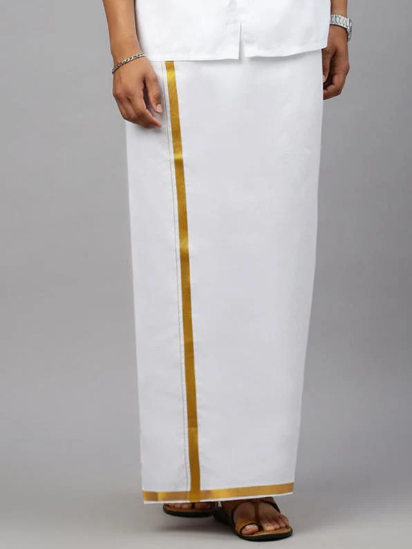 Men 100% Cotton Single Layer White Dhoti with Gold Jari Border Aruthra - Image 2
