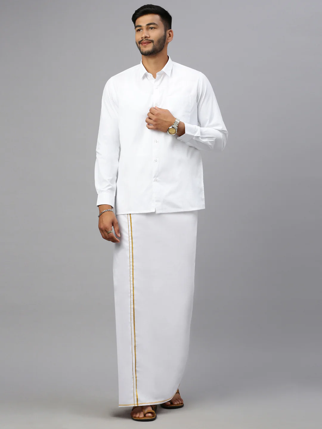 Men 100% Cotton Single Layer White Dhoti with Gold Jari Border Aruthra - Image 4