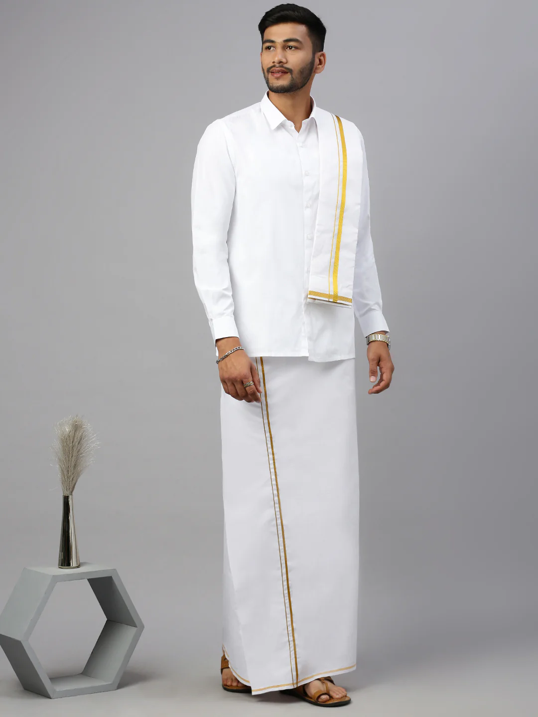 Men 100% Cotton Single Layer White Dhoti with Gold Jari Border Aruthra - Image 5