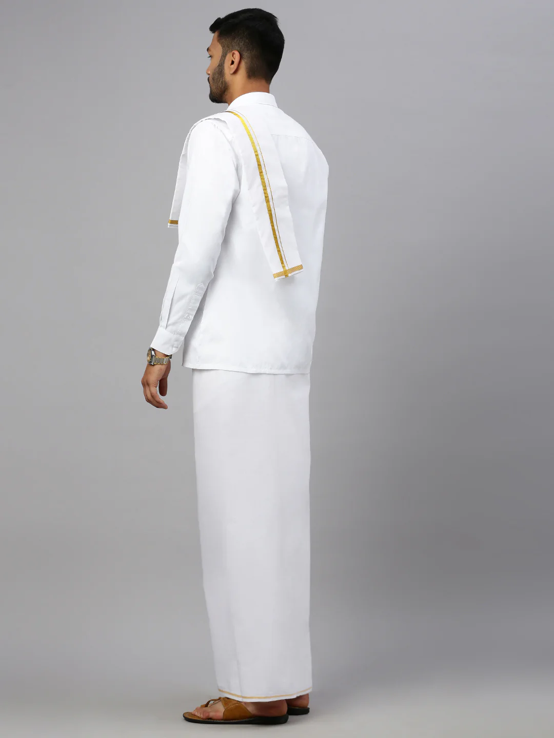 Men 100% Cotton Single Layer White Dhoti with Gold Jari Border Aruthra - Image 6