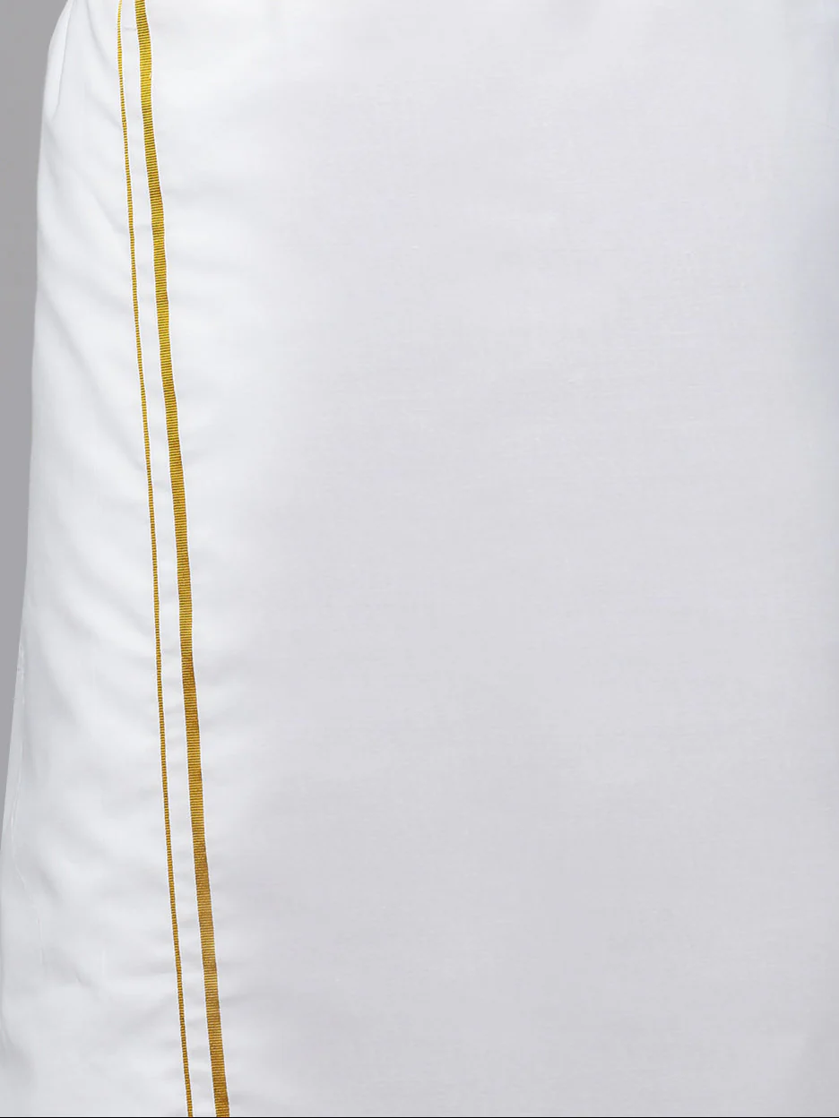 Men 100% Cotton Single Layer White Dhoti with Gold Jari Border Aruthra - Image 7