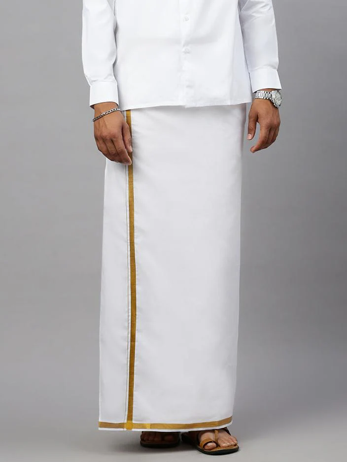 Men 100% Cotton Single Layer White Dhoti with Gold Jari Border Aruthra - Image 8