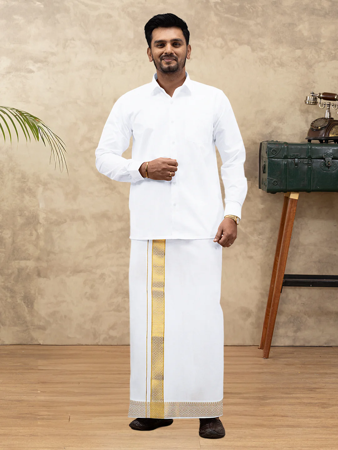 Men 100% Cotton Single Layer White Dhoti with Gold Jari Border Aura 294 - Image 3