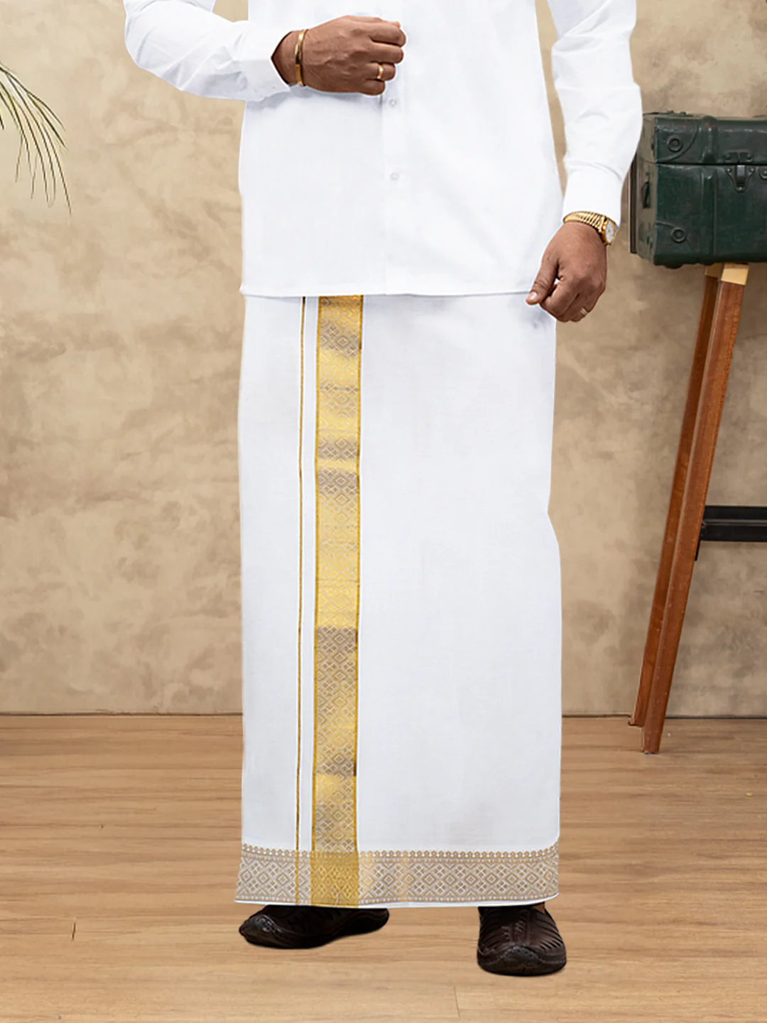Men 100% Cotton Single Layer White Dhoti with Gold Jari Border Aura 294 - Image 4