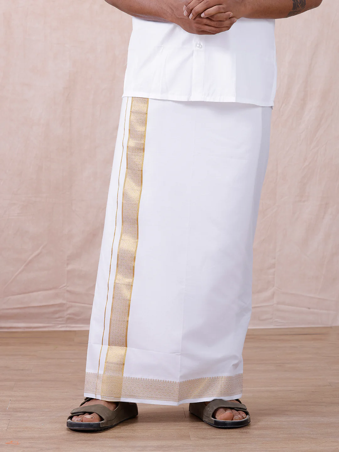 Men 100% Cotton Single Layer White Dhoti with Gold Jari Border Aura 297