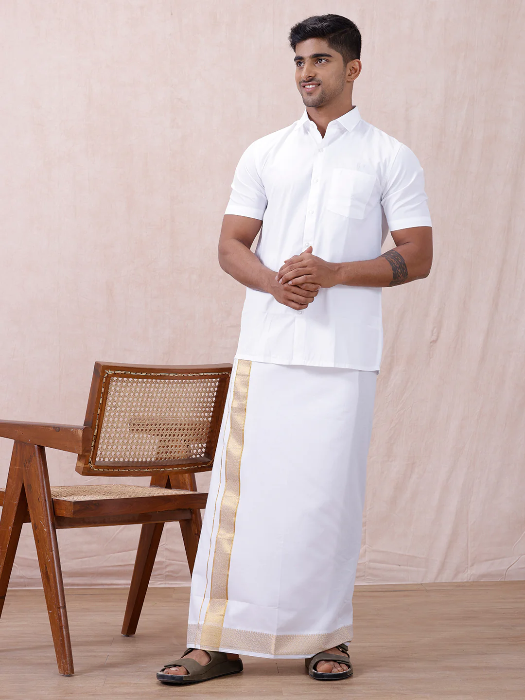 Men 100% Cotton Single Layer White Dhoti with Gold Jari Border Aura 297 - Image 3