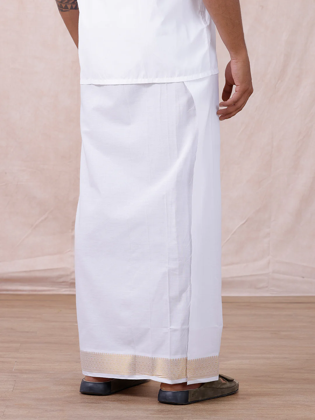 Men 100% Cotton Single Layer White Dhoti with Gold Jari Border Aura 297 - Image 5