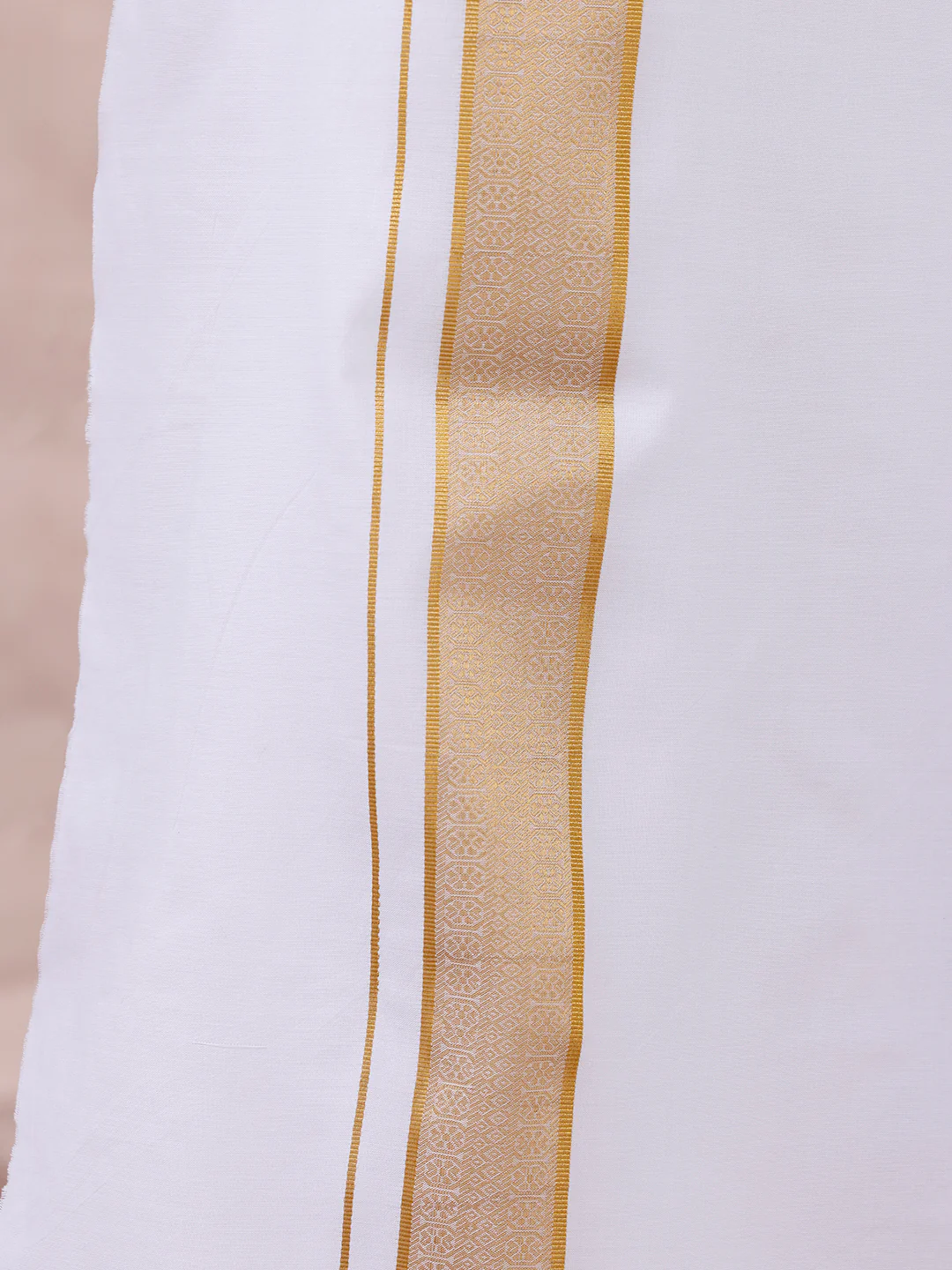 Men 100% Cotton Single Layer White Dhoti with Gold Jari Border Aura 301 - Image 2