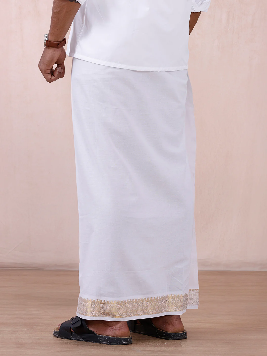 Men 100% Cotton Single Layer White Dhoti with Gold Jari Border Aura 301 - Image 4