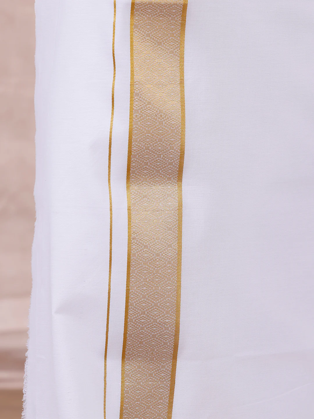 Men 100% Cotton Single Layer White Dhoti with Gold Jari Border Aura 306 - Image 2