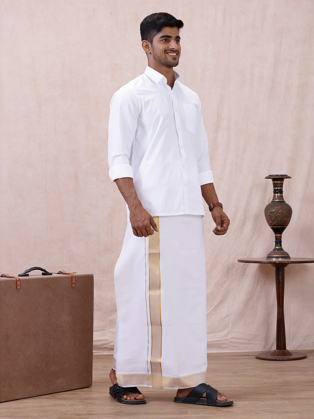 Men 100% Cotton Single Layer White Dhoti with Gold Jari Border Aura 306 - Image 3