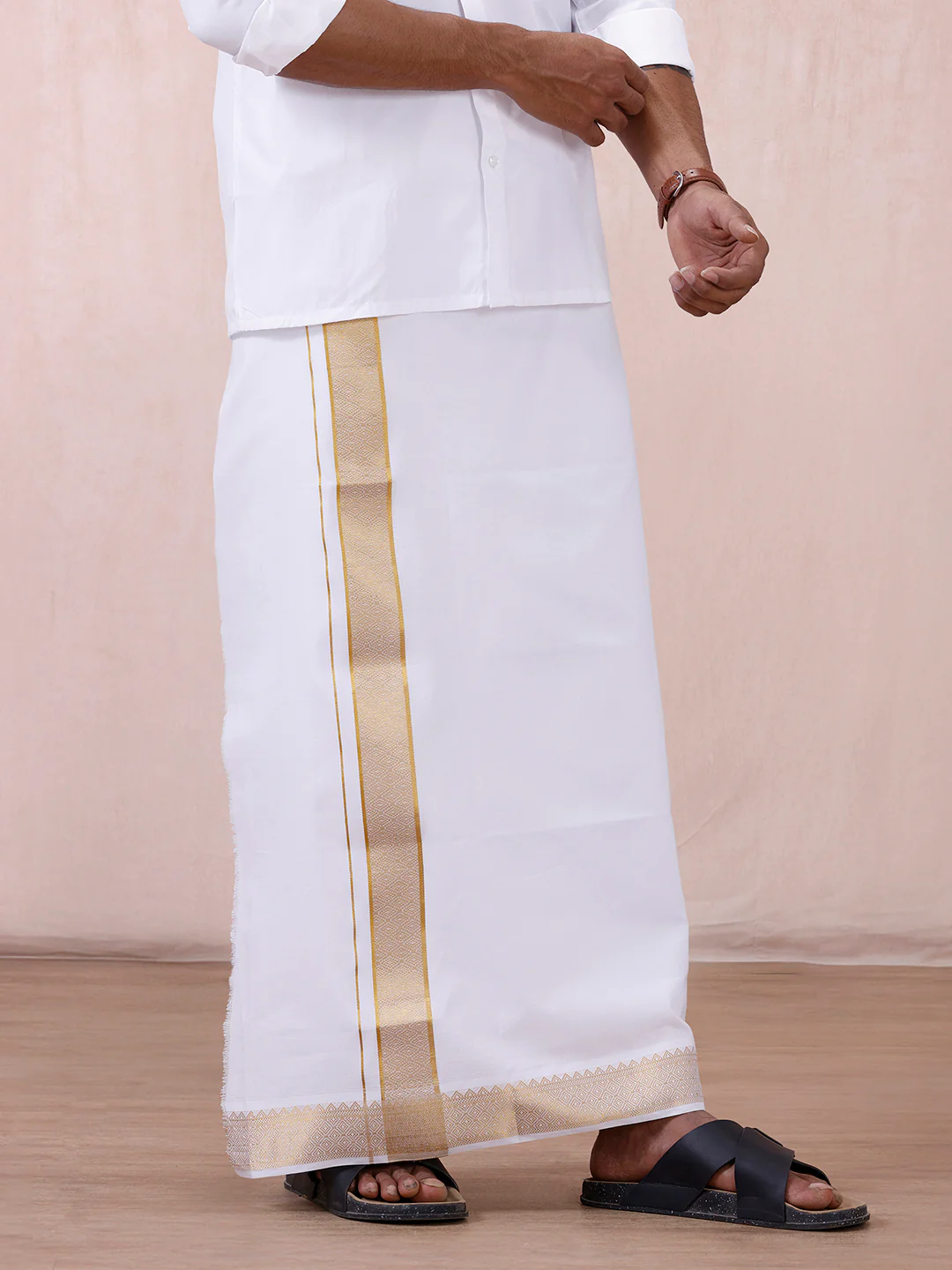 Men 100% Cotton Single Layer White Dhoti with Gold Jari Border Aura 306 - Image 4