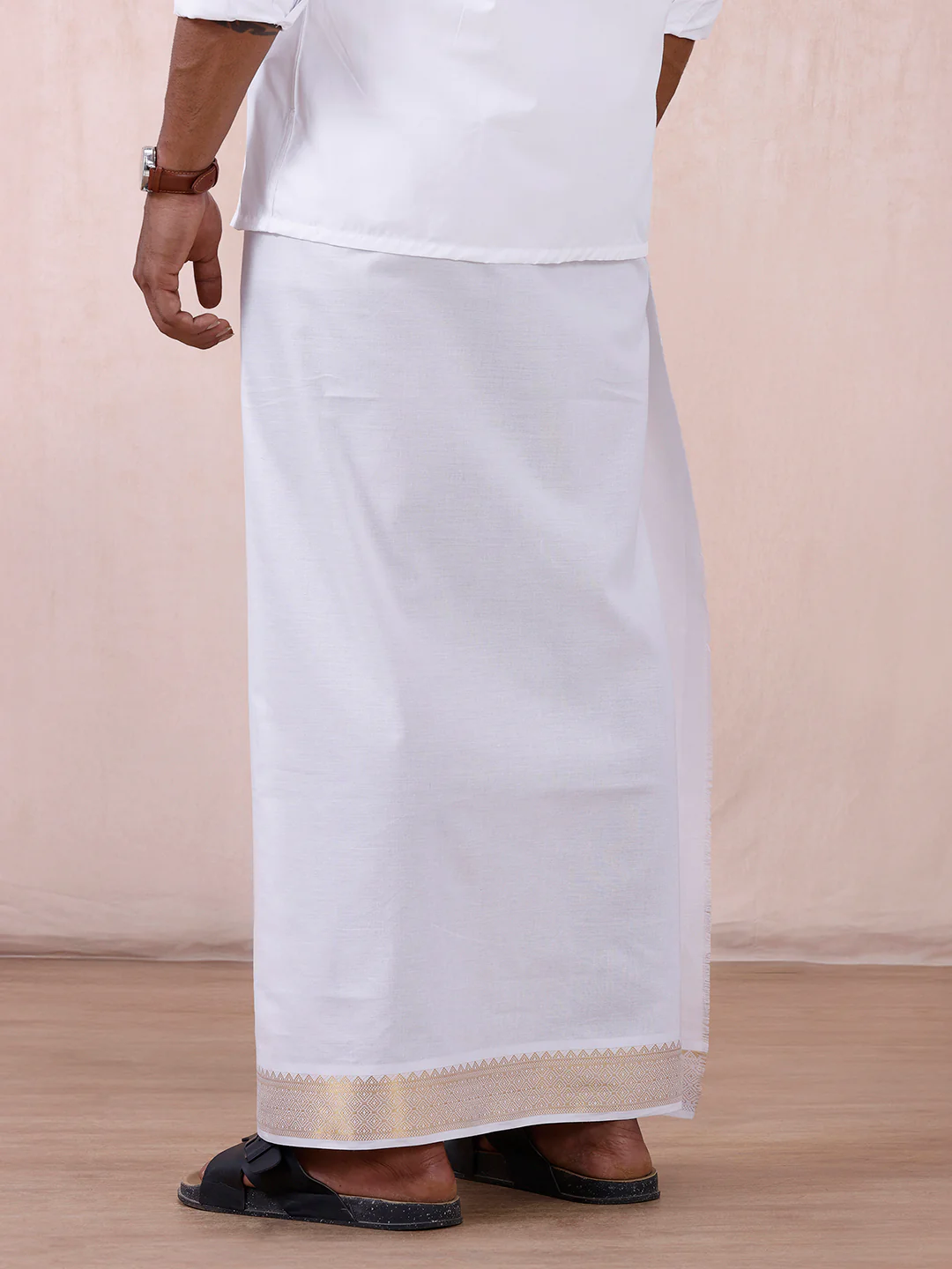 Men 100% Cotton Single Layer White Dhoti with Gold Jari Border Aura 306 - Image 5