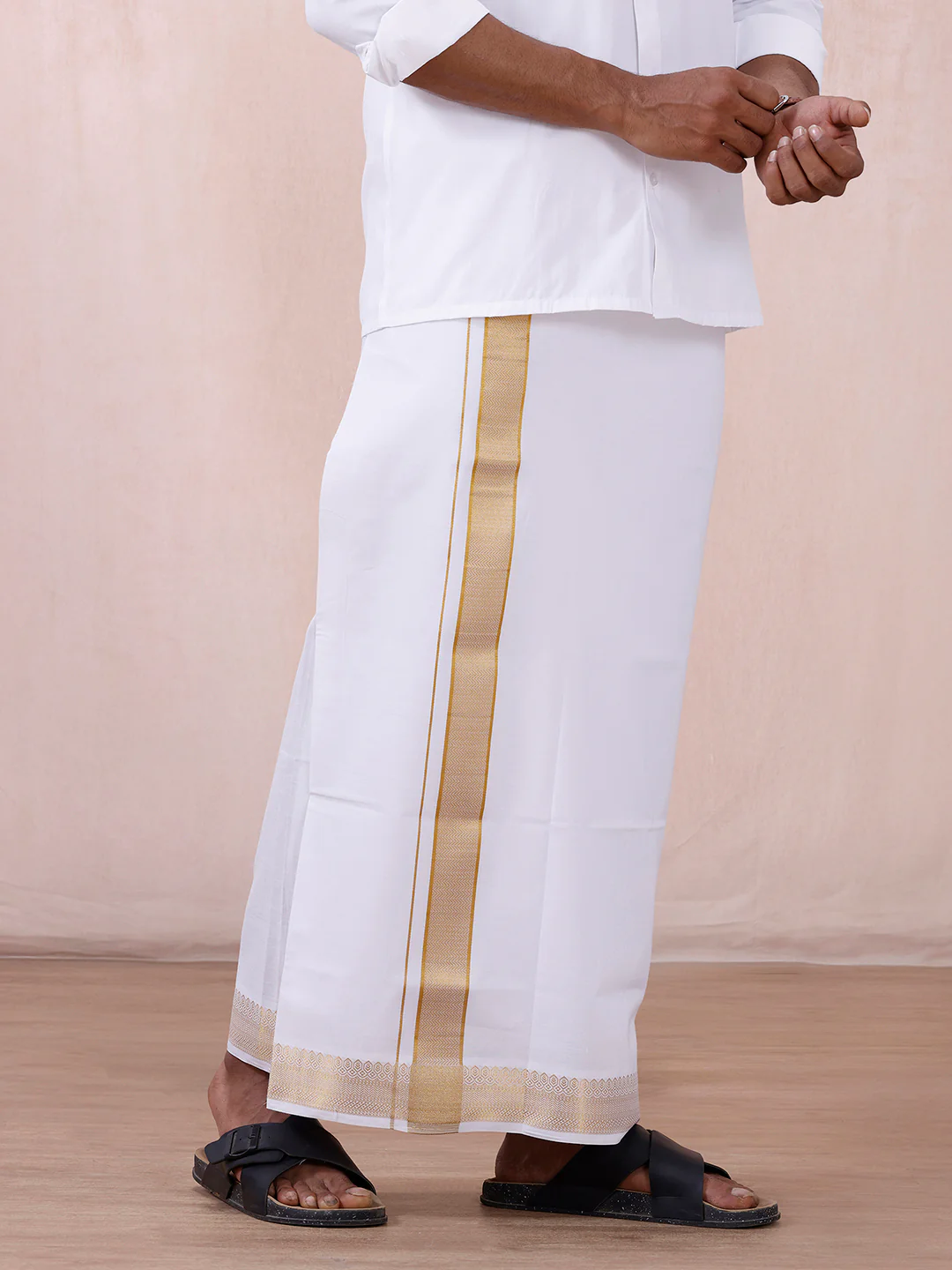 Men 100% Cotton Single Layer White Dhoti with Gold Jari Border Aura 315 - Image 3