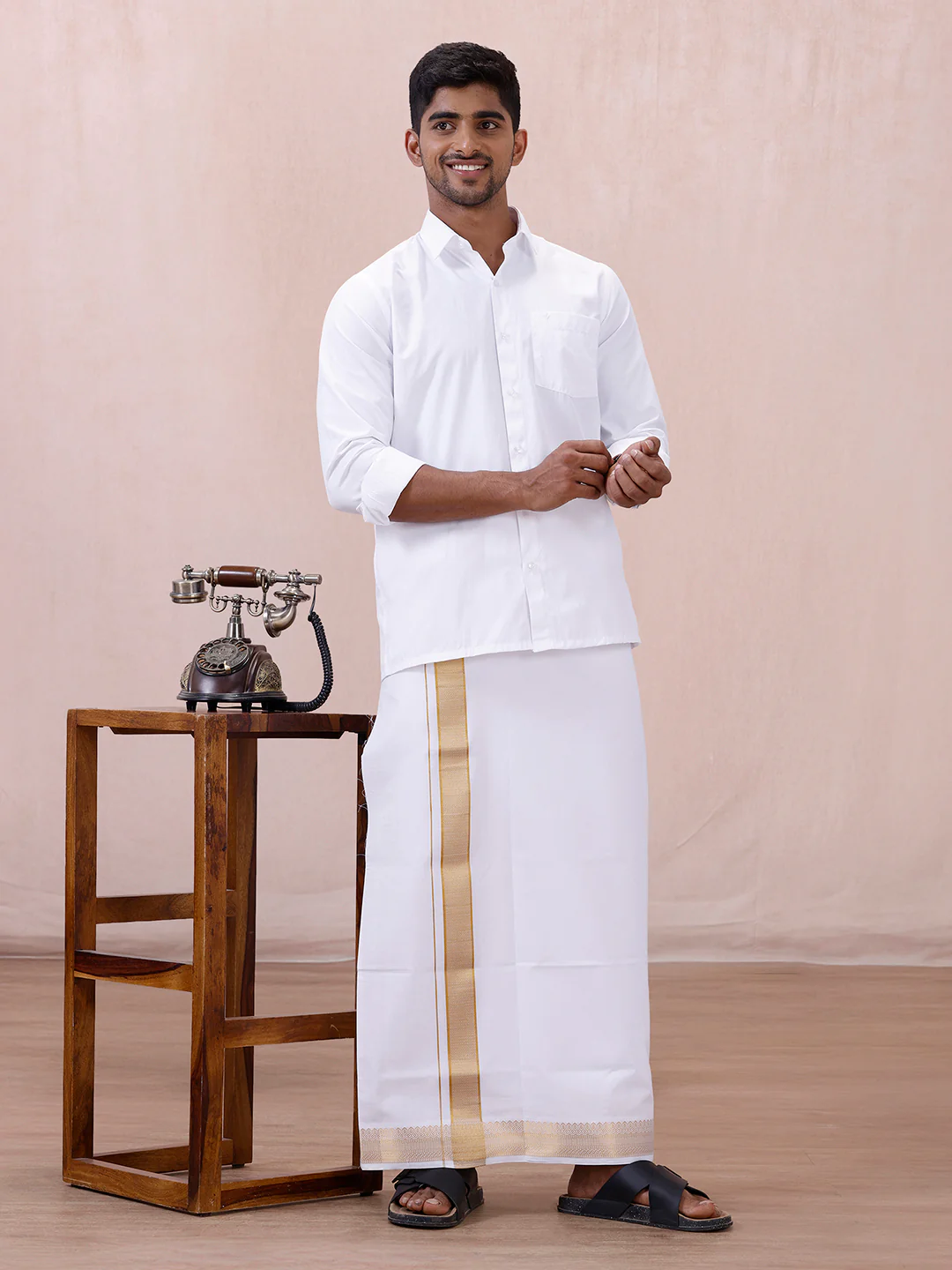 Men 100% Cotton Single Layer White Dhoti with Gold Jari Border Aura 315 - Image 4